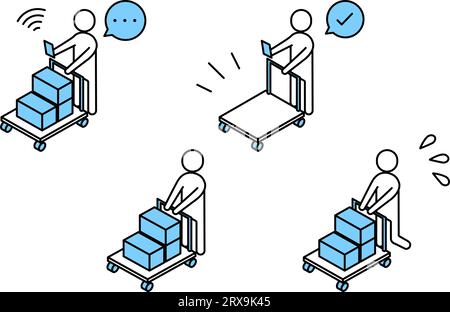 Simple line drawing of a person making a delivery using a cart, DX, IT, logistics, distribution Stock Vector