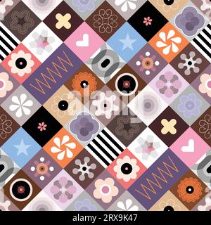 Abstract seamless background with different coloured patterns and geometric shapes. Stock Vector