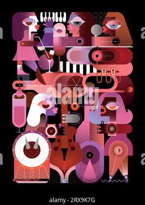 Wine and music conceptual vector illustration. Jazz band concert at a party, where people drink wine and listen to beautiful music. Modern art collage Stock Vector