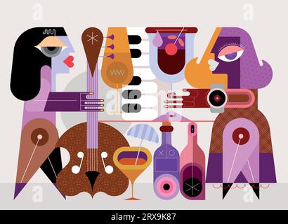 A man plays the double bass and a woman drinks a cocktail modern art vector illustration. Stock Vector