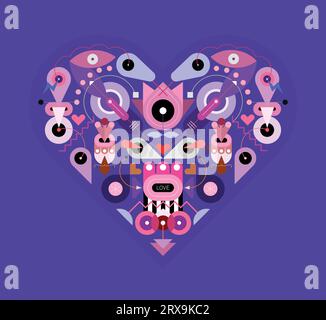 Heart shape design includes many abstract different objects and elements isolated on a bright blue background, flat style vector graphic artwork. Stock Vector