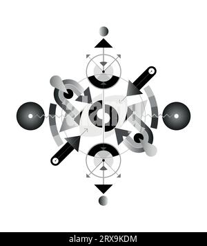 Abstract design includes an eye divided into two halves, geometric shapes, rounds and arrows. Greyscale vector image isolated on a white background. Stock Vector
