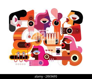 Colored design isolated on a white background Musical ensemble vector illustration. Large group of musicians playing musical instruments. Stock Vector