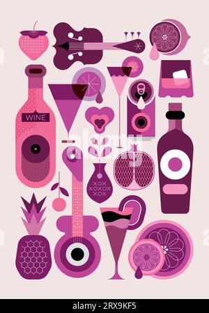 Cocktails, alcohol drink bottles, fruits and music instruments. Set of colored vector icons for cocktail party posters, flyers, websites, etc. Each on Stock Vector