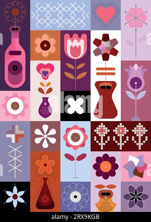 Pop art flowers design. Decorative vector layered seamless background of many different floral elements. Stock Vector