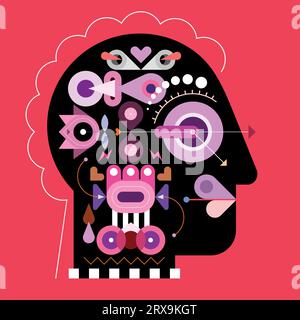 Human head shape design includes many abstract different objects and elements isolated on a red background, flat style vector illustration. Stock Vector