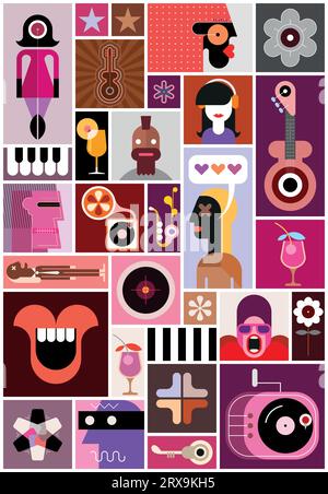 Music and cocktail party poster vector design include many different images of people, musical instruments, drink glasses and decorative elements. Eac Stock Vector