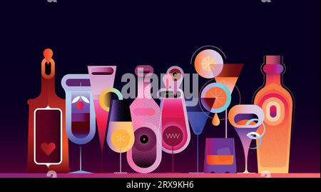 Collection of different bottles, cocktails and glasses of alcohol drinks. Flat design colour bottles and glasses is in a row on a dark background, vec Stock Vector