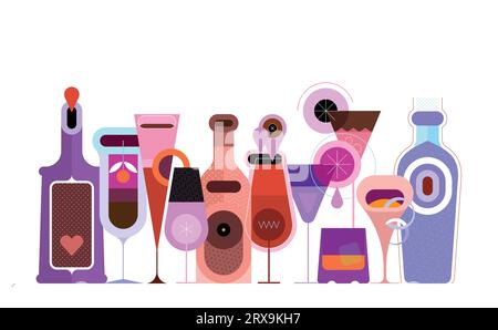 Collection of different bottles, cocktails and glasses of alcohol drinks. Flat design colour bottles and glasses is in a row on a white background, ve Stock Vector