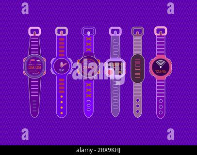 Smartwatches. Six colored devices isolated on a violet background Smartwatches and Fitness Trackers vector illustration. Stock Vector