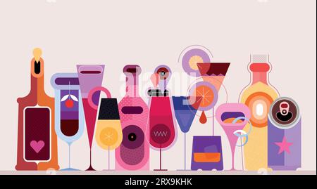 Collection of different bottles, cocktails and glasses of alcohol drinks. Flat design colour bottles and glasses is in a row on a light background, ve Stock Vector