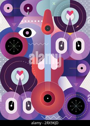 Decorative gradient vector design with guitar, geometric shapes and abstract objects. Stock Vector