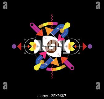 Abstract design includes a human eye divided into two halves, geometric shapes, rounds and arrows. Colored vector image isolated on a black background Stock Vector