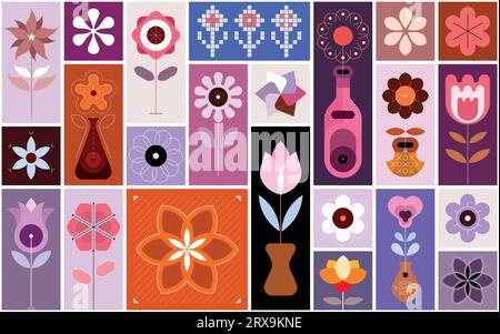 Tileable design include many different flower images and floral pattern elements. Collection of vector images, decorative seamless background.  Each o Stock Vector