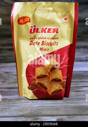 Cairo, Egypt, September 11 2023: Ulker date biscuits minis, Ulker Tamr Date Biscuits is made with pure butter and date, nutritious snack, real dates i Stock Photo