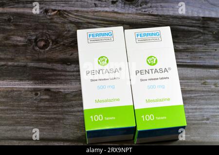 Cairo, Egypt, September 4 2023: Pentasa 500mg slow release tablets, Mesalazine, used in treatment of ulcerative colitis, by Ferring Pharmaceuticals, a Stock Photo