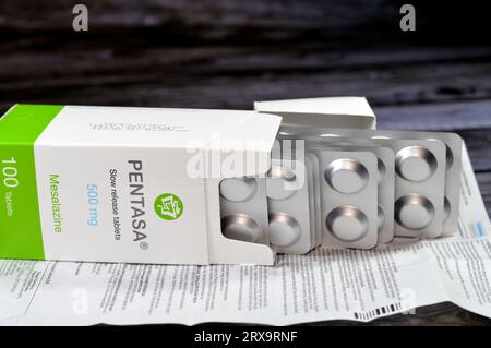 Cairo, Egypt, September 4 2023: Pentasa 500mg slow release tablets, Mesalazine, used in treatment of ulcerative colitis, by Ferring Pharmaceuticals, a Stock Photo