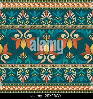 Colorful ancient Greek floral symmetrical pattern design for textiles. Stock Vector