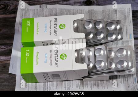 Cairo, Egypt, September 4 2023: Pentasa 500mg slow release tablets, Mesalazine, used in treatment of ulcerative colitis, by Ferring Pharmaceuticals, a Stock Photo