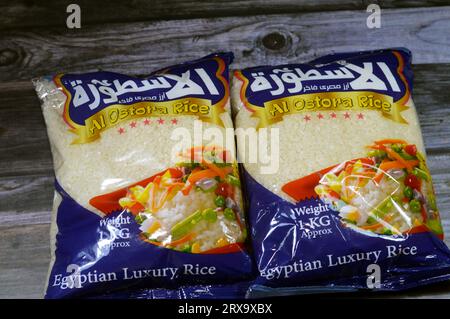 Cairo, Egypt, September 11 2023: Al Ostora Egyptian white rice, White rice is milled rice, has had its husk, bran, and germ removed, seeds are with a Stock Photo