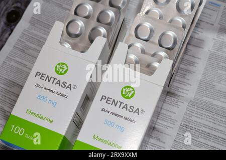 Cairo, Egypt, September 4 2023: Pentasa 500mg slow release tablets, Mesalazine, used in treatment of ulcerative colitis, by Ferring Pharmaceuticals, a Stock Photo