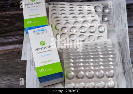 Cairo, Egypt, September 4 2023: Pentasa 500mg slow release tablets, Mesalazine, used in treatment of ulcerative colitis, by Ferring Pharmaceuticals, a Stock Photo