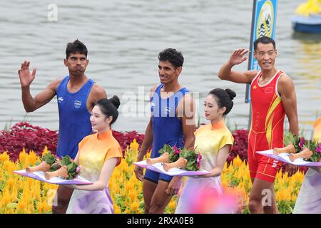 Hangzhou, Zhejiang, China. 24th Sep, 2023. The Indian Rowing - Light weight Men's Double Sculls won the silver medal at the 19th Asian Games, at FY Water Sports Centre, Hangzhou, China. SilLal Jat Arjun & Arvind Singh. (Credit Image: © Seshadri Sukumar/ZUMA Press Wire) EDITORIAL USAGE ONLY! Not for Commercial USAGE! Stock Photo