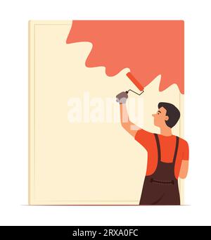 Painter Man Painting Wall with Paint Roller with Copy Space Concept Illustration Stock Vector