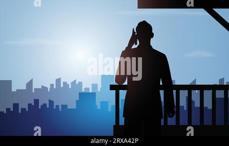 silhouette of a young person making a telephone call with a cellphone in the background of a building Stock Vector