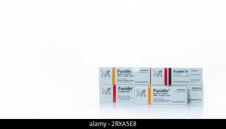 CHONBURI, THAILAND-JANUARY 30, 2023: Fucidin cream, Fucidin H cream, and Fucidin ointment. Medicine for treamt skin infections. Antibiotic Stock Photo