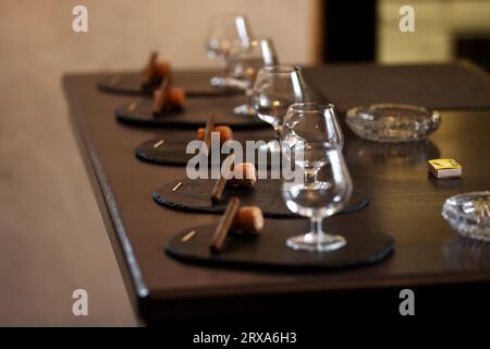 Cigars ready for a whisky and cigar tasting in Kent, UK. Stock Photo