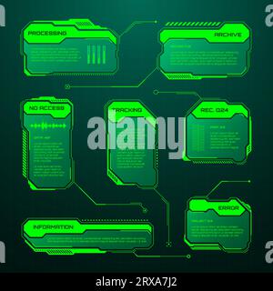 Green futuristic HUD, UI elements. Sci-fi user interface text boxes, callouts. Warning message frames, information boxes template. Modern game Stock Vector