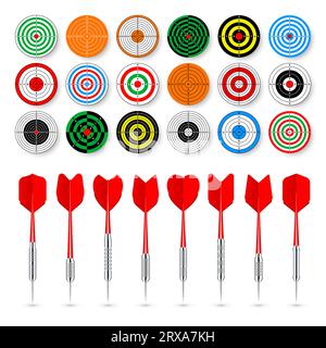 Paper targets with dart arrows and shadows. Shooting range round target, divisions, marks and numbers. Gun shooting practise and training, sport Stock Vector