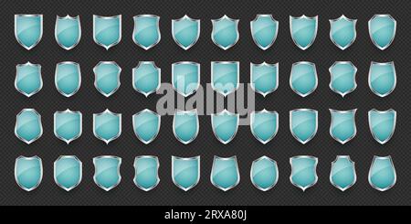 Set of vintage glass 3d shield icons. Blue heraldic shields. Black protection and security symbol, label. Vector illustration Stock Vector