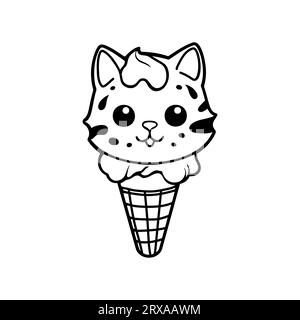 Cats in ice cream cone hand drawn illustration. Coloring book, cartoon character isolated design element Stock Vector