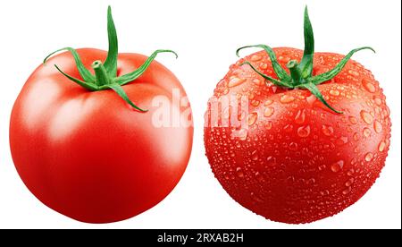 Ripe fresh red tomato with water drop and without isolated on white background with clipping path. Full Depth of Field Stock Photo