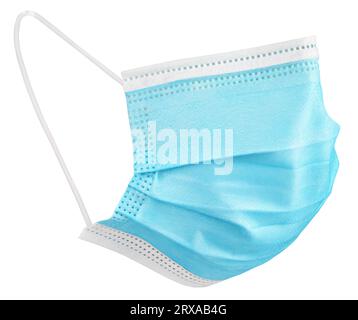 Blue medical protective face or surgical earloop mask isolated on white background with clipping path. Side view Stock Photo