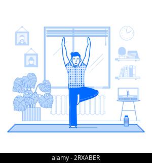 Young Man Practicing Yoga Online Using Laptop Stock Vector