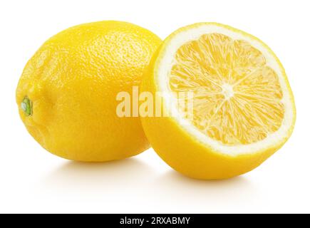 Yellow lemon citrus fruit with half isolated on white background with clipping path. Full depth of field. Stock Photo