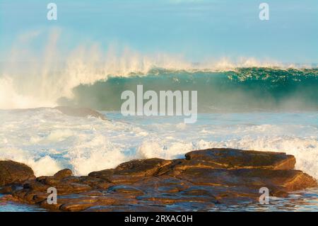 A large wave breaking at sunrise with granite rocks in the foreground, Prevelly Beach, Margaret River region, Western Australia Stock Photo