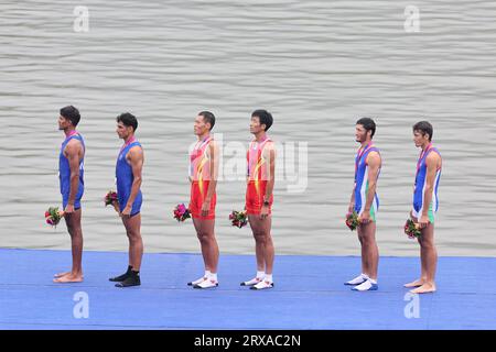 Hangzhou, China. 24th Sep, 2023. The Indian Rowing - Light weight Men's Double Sculls won the silver medal at the 19th Asian Games, at FY Water Sports Centre, Hangzhou, China. SilLal Jat Arjun & Arvind Singh. Credit: Seshadri SUKUMAR/Alamy Live News Stock Photo