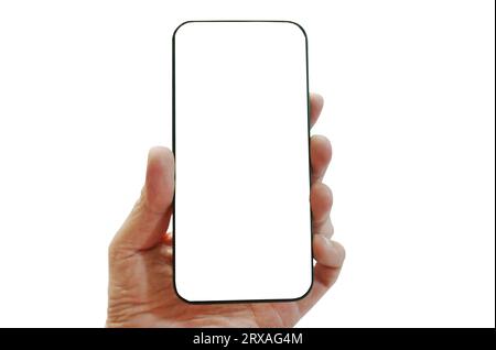 mobile phone holding on human hand in white background Stock Photo