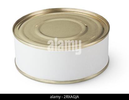 Small tin can with blank label isolated on white Stock Photo