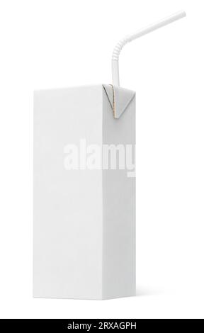 200 ml milk or juice carton package with straw isolated on white with clipping path Stock Photo