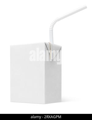 200 ml milk or juice carton package with straw isolated on white with clipping path Stock Photo