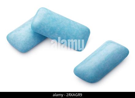 Three pieces of chewing or bubble gums isolated on white with clipping path Stock Photo