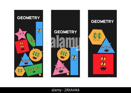 geometric shapes. bookmarks. Groovy psychedelic illustration. Living elements. Vector illustration Stock Vector