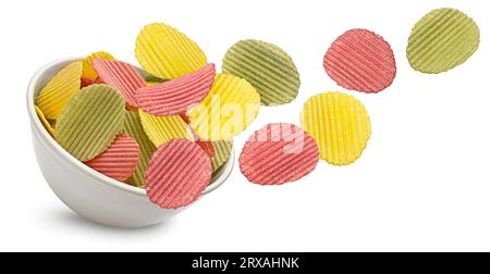 Mix of falling vegetable chips isolated on white background Stock Photo