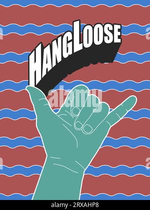 Poster for events and beach parties with the hang loose hand gesture in bright colors on a wavy background and bold typography. Stock Vector