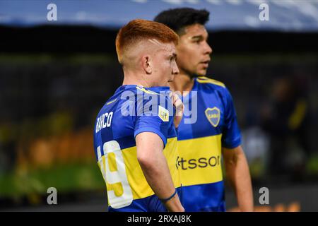 Buenos Aires, Argentina. 23rd Sep, 2023. Valentin Barco and Guillermo Pol Fernandez of Boca Juniors during the Liga Argentina match between Boca Juniors and CA Lanus played at La Bombonera Stadium on September 23, 2023 in Buenos Aires, Spain. (Photo by Santiago Joel Abdala/PRESSINPHOTO) Credit: PRESSINPHOTO SPORTS AGENCY/Alamy Live News Stock Photo